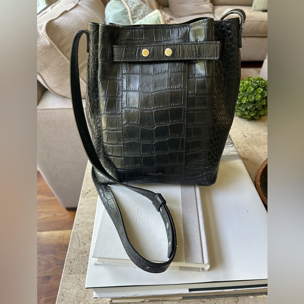 Black faux croc bucket bag